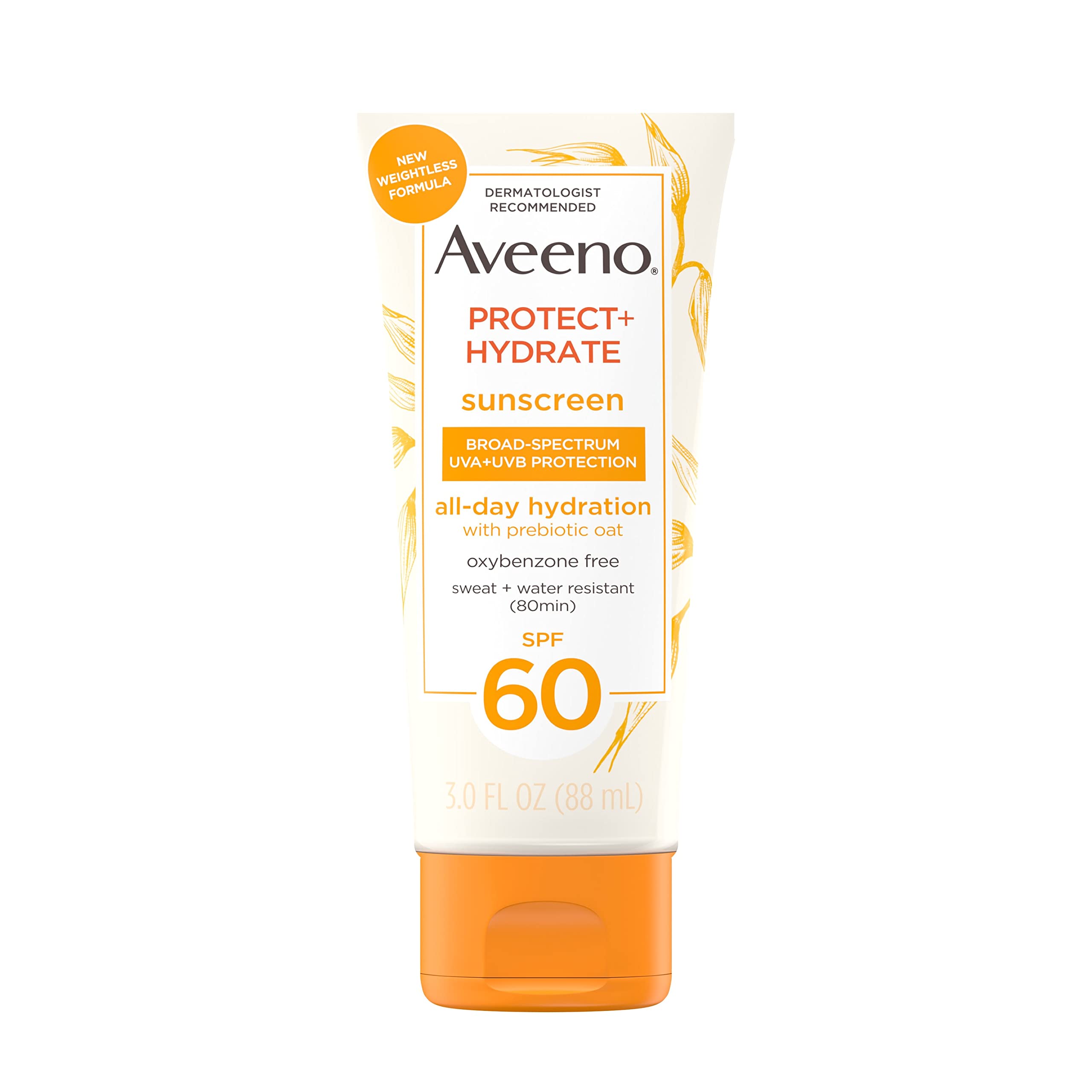 Aveeno Protect + Hydrate Moisturizing Body Sunscreen Lotion With Broad Spectrum Spf 60 & Prebiotic Oat, Weightless & Refreshing Feel, Paraben-free, Oil-free, Oxybenzone-free, 3.0 ounces